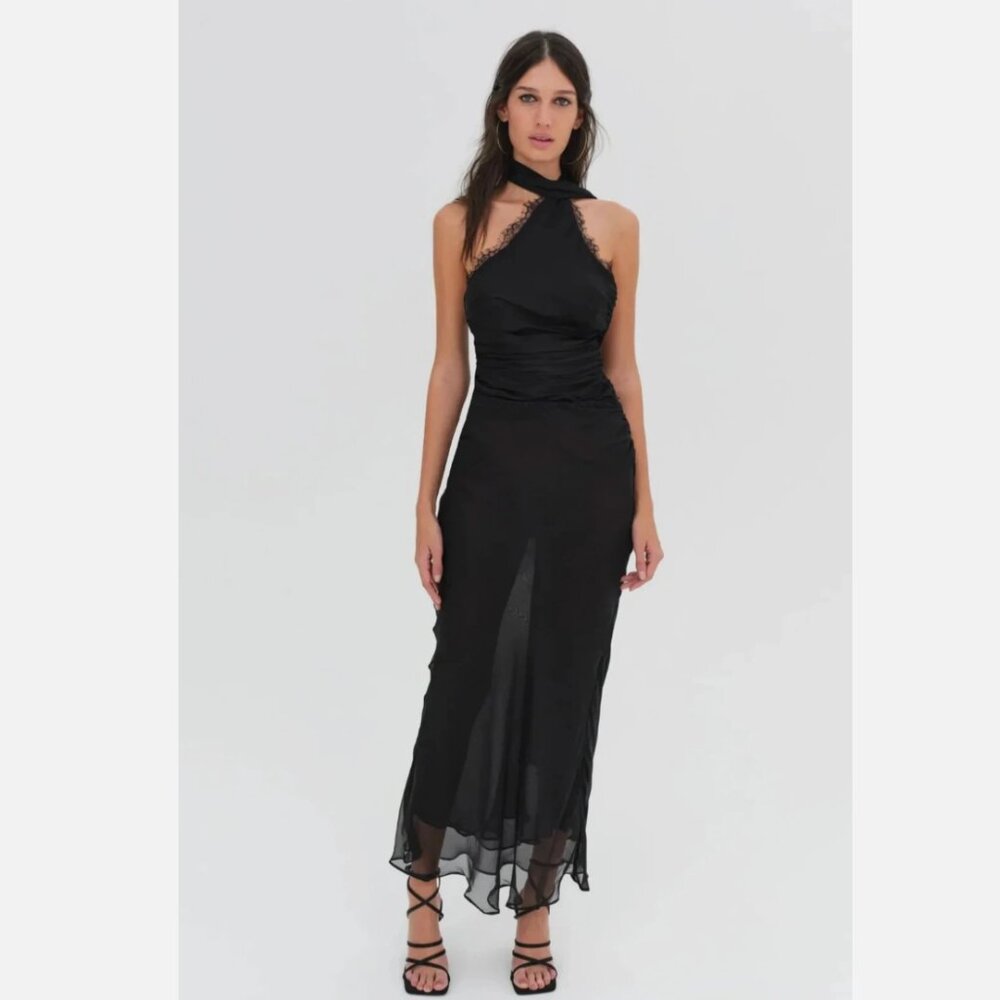 For Love and Lemons Angela Chiffon Maxi Dress Halter Neck Black S NWT